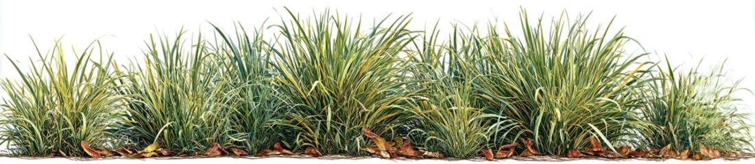 Green-gold ornamental grass clumps on a bright white background