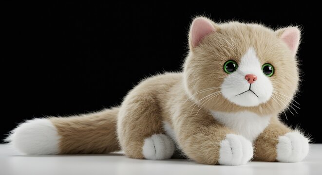 柔らかい光に照らされたふわふわのベージュと白の猫のぬいぐるみが緑の瞳を輝かせ豊かな毛並みを美しく見せる. AI Generated