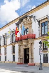 Jerez de la Frontera, Spain - May 15, 2025: Unique buildings and sculptures in the historic city center of Jerez de la Frontera, Spain