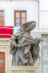 Jerez de la Frontera, Spain - May 15, 2025: Unique buildings and sculptures in the historic city center of Jerez de la Frontera, Spain