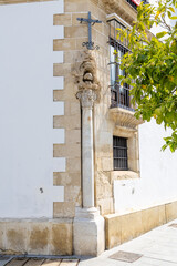 Jerez de la Frontera, Spain - May 15, 2025: Unique buildings and sculptures in the historic city center of Jerez de la Frontera, Spain