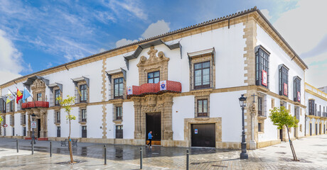 Jerez de la Frontera, Spain - May 15, 2025: Unique buildings and sculptures in the historic city center of Jerez de la Frontera, Spain