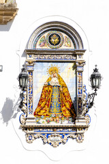 Jerez de la Frontera, Spain - May 15, 2025: Unique buildings and sculptures in the historic city center of Jerez de la Frontera, Spain