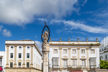 Jerez de la Frontera, Spain - May 15, 2025: Unique buildings and sculptures in the historic city center of Jerez de la Frontera, Spain