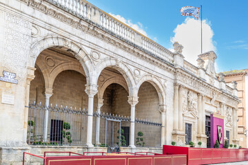 Jerez de la Frontera, Spain - May 15, 2025: Unique buildings and sculptures in the historic city center of Jerez de la Frontera, Spain
