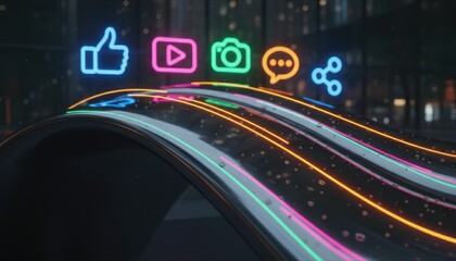 Digital Social Media Icons Glowing With Neon Light Above Abstract Technology Highway