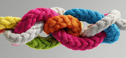 Knot of colorful braided ropes, tangled and intertwined, on a gray background