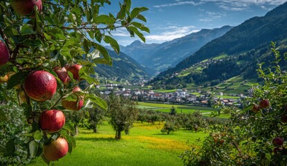 Lush orchard with ripe red apples, scenic valley, distant village, and mountains under a blue sky