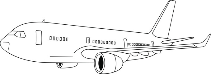 Commercial airplane flying in sky line art vector set, passenger aircraft jet for travel and tourism vacation design