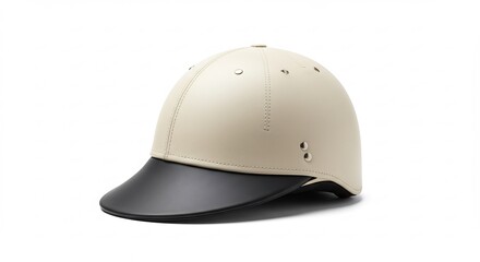 Fototapeta premium 均一な明るい光がモダンなフォルムを際立たせるオフホワイトのヘルメット白い背景に浮かび上がる黒いバイザーが印象的機能性と美しさを完璧に兼ね備えた洗練された安全保護具. AI Generated