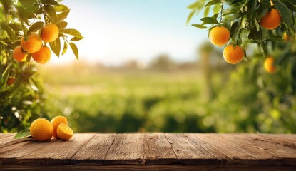 Close-up of ripe oranges on branches with blurred greenery and a wooden surface