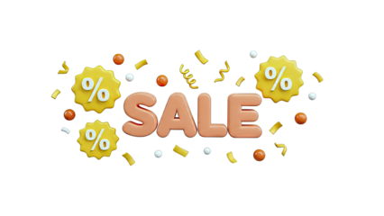 3D "SALE" text with percentage signs and confetti