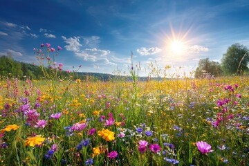 Sunny meadow abounds with colorful wildflowers, under a brilliant sun and a bright blue sky