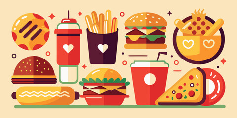 Vector illustration of a set of cartoon pizza icons and fast food meals including a burger, sandwich, and fries for a restaurant menu design