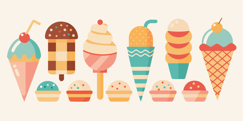 Delicious dessert set featuring cute cartoon ice cream cones, chocolate cupcakes, and other for a birthday party celebration