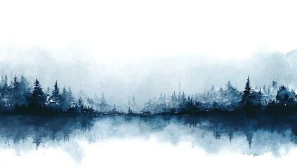 Misty forest landscape with pine trees reflected in still water, soft and hazy