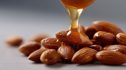 Honey drizzling over almonds on gray background healthy natural sweetener and snack concept