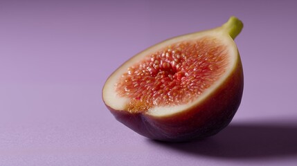 Ripe fig half with juicy seeds on purple background in minimalist studio still life
