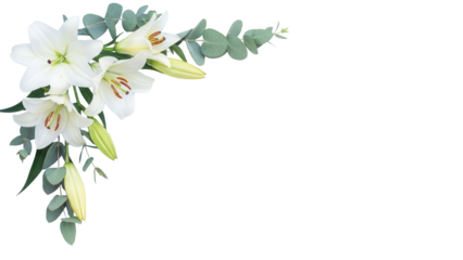 Delicate minimal floral corner composition with lilies and eucalyptus in pastel blue and lavender isolated on white background