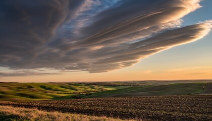 Rolling hills and fields under dramatic lenticular clouds at sunset
