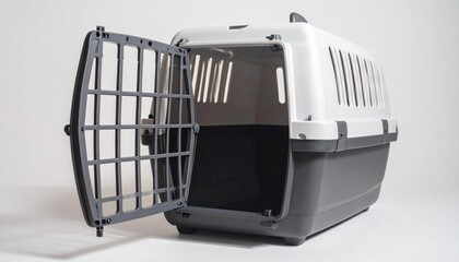 An open pet carrier sits quietly on a pale floor, its metal door ajar—an invitation to movement, safety, and the tender rituals of departure, return, and the trust between creature and caretaker.