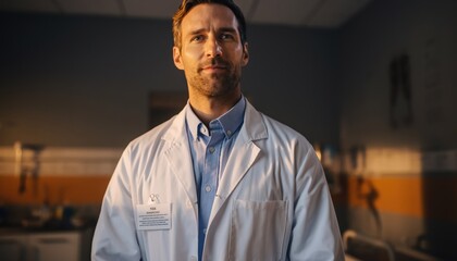 Doctor wearing a white coat in a hospital room