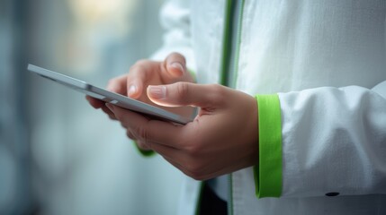Person using smartphone in lab coat
