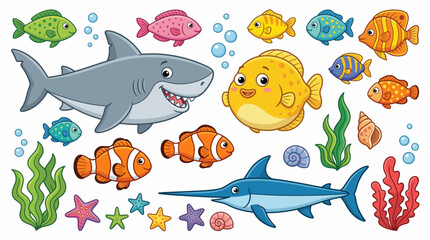Underwater Sea Creatures Vector Illustration | Colorful Cartoon Marine Life with Shark, Fish, Plants, and Bubbles | Fun Educational Ocean Graphic for Kids and Decor