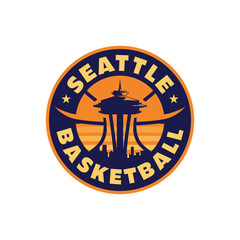 Seattle basketball logo with Iconic building silhouette badge stamp sticker vector illustration