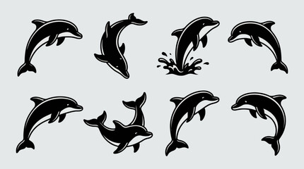Dolphin Silhouette Vector Set | Black Marine Animal Shapes in Motion | Editable Ocean Wildlife Graphic for Educational, Decorative, and Sea-Themed Design Projects