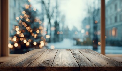 Wooden table in front of a Christmas tree with a blurry outdoor scene through the window