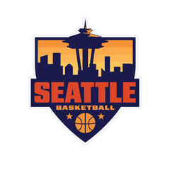 Seattle basketball logo with unique silhouette of building badge emblem sport stamp sticker vector illustration