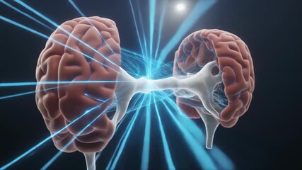3D rendering of human brain corpus callosum connecting hemispheres with glowing blue energy lines