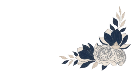 Delicate minimal floral corner design featuring magnolia and ranunculus in navy and beige isolated on white background