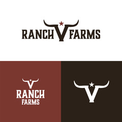 Initial V with horns cattle logo design illustration vintage ranch retro vibe