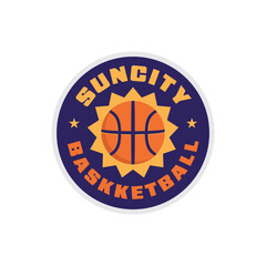 Basketball logo design with a combination of basketball and shining sun using emblem badge style vector illustration