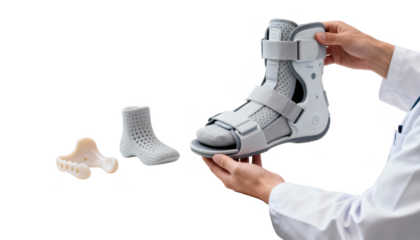 Clinicians hands holding a modern orthopedic brace next to alternative splints on a white desk showcasing options for longterm patient support during followup.