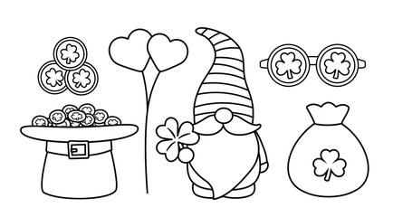 St. Patrick's Day element Coloring pages and templates collection.
Includes gnome, leprechaun hat, coins,  clover, money bag, balloon and party sunglasses.