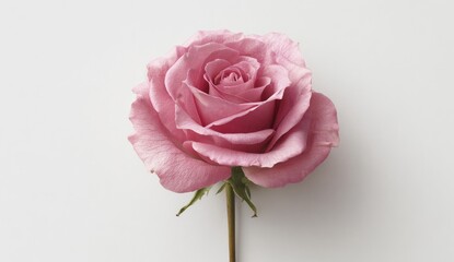 Close-up of a perfectly bloomed, soft pink rose isolated against a white background