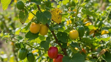 降り注ぐ夏の明るい陽光をいっぱいに浴びて緑黄色と赤色が入り混じり鮮やかに輝くピーマンが枝からたくさんぶら下がる様子太陽の恵みを受け自然豊かな環境で育ち収穫を待つ新鮮な夏の野菜. AI Generated