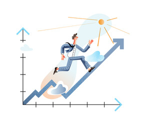 Running businessman, manager in formal wear with increasing chart. Successful startup launch, career promotion.