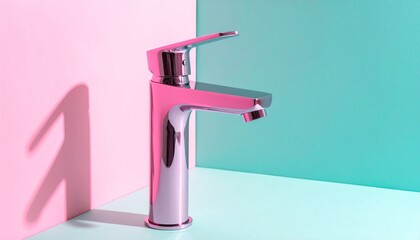 Minimalist chrome faucet on a pastel pink and teal background, studio lit with soft shadows, glossy reflections, clean modern design, product photography style, sleek contemporary bathroom fixture.