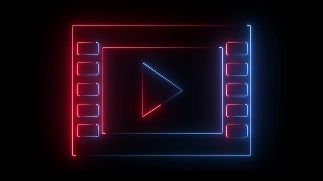 Play button icon animation glowing neon blue and red color on black background. 4k animation video.
