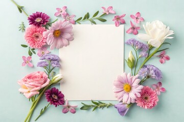 Colorful Flowers Surround a Blank Space on a Light Blue Background