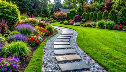 Obraz premium Winding Stone Pathway Through Vibrant Flower Beds and Manicured Lawn in Landscaped Garden