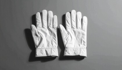 White gloves arranged neatly on a gray surface in a simple display for an accessory showcase or fashion context