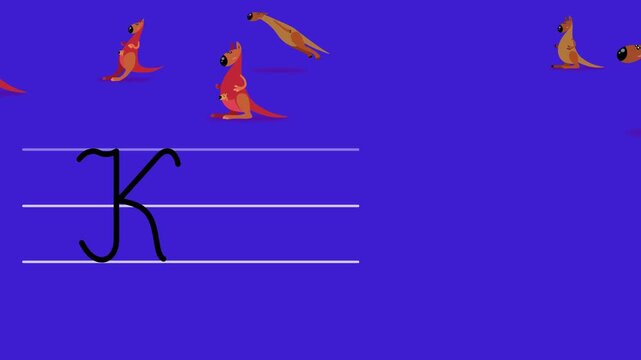 K letter writing kangaroo cartoon color animation. A compatibile part of the alphabet serie. Handwriting educational style for children. Good for education movies presentation learning alphabet.
