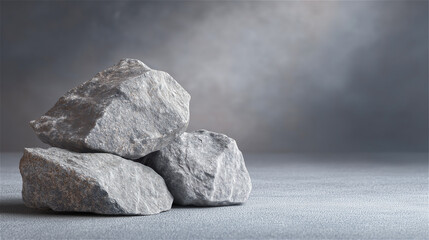 Pile of gray stones on textured surface with moody haze, representing quarry materials, durability, and construction supply. Minimal industrial background with copy space.