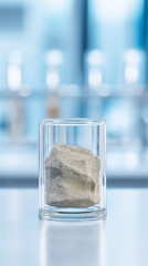 Glass vial containing beige mineral powder sample in a modern laboratory with blue bokeh. Concept of material analysis, quality control, geology, and scientific research.