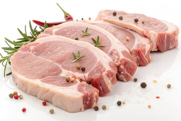 Fototapeta premium Fresh Meat Cuts Arranged on a White Surface With Herbs and Spices Nearby